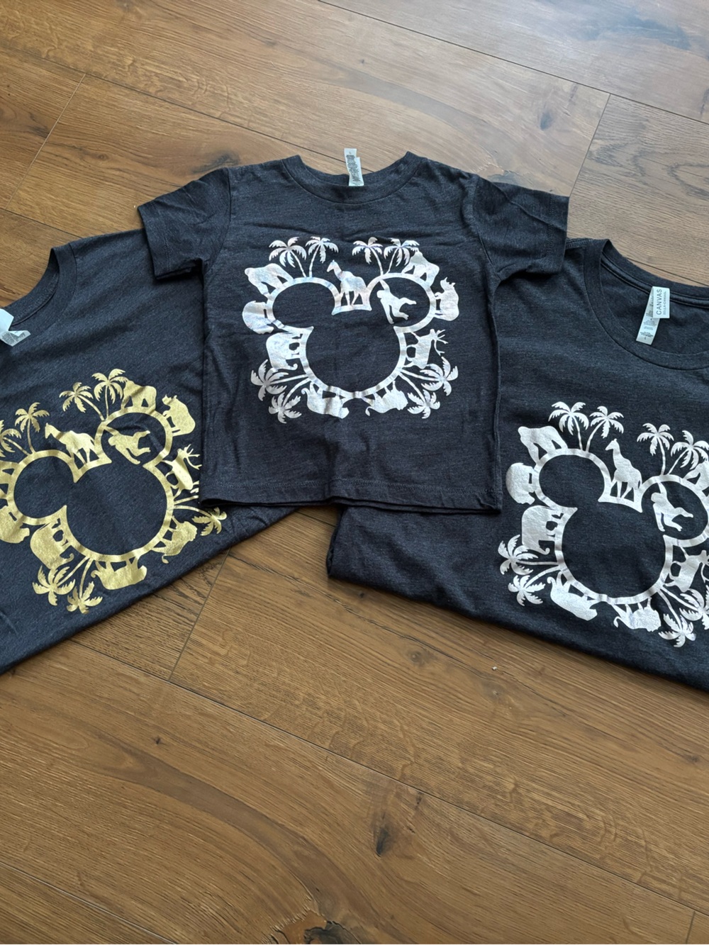 Family Set of 3 Black Graphic Mickey Mouse T-Shirts with Metallic Prints on